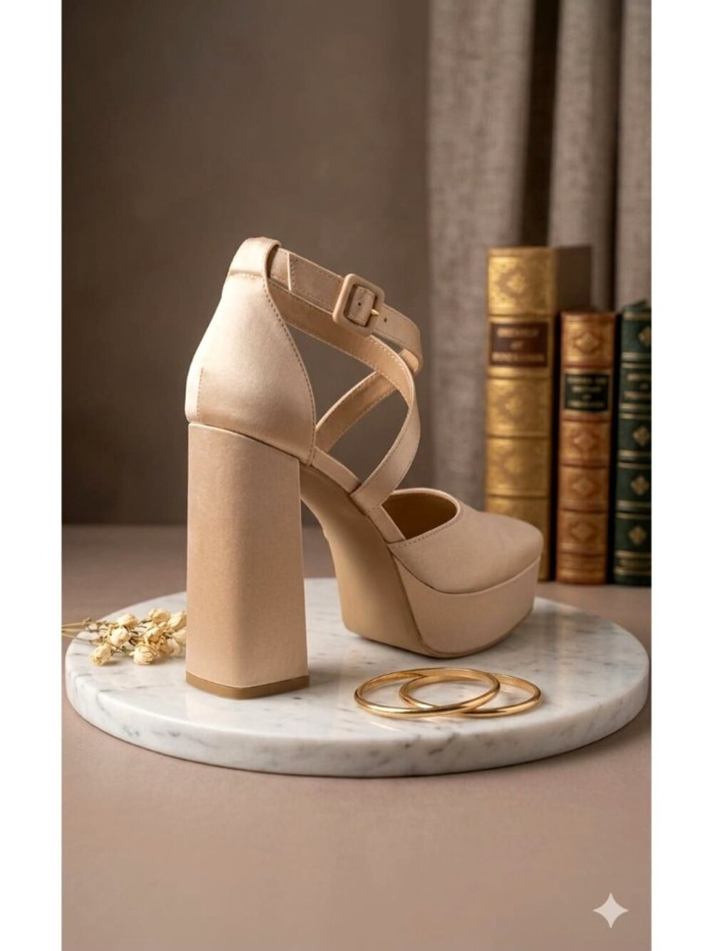 Block Heel Satin Platform Shoes With Cross-Strap Design Elegant Champagne Evenin - Picture 7 of 14
